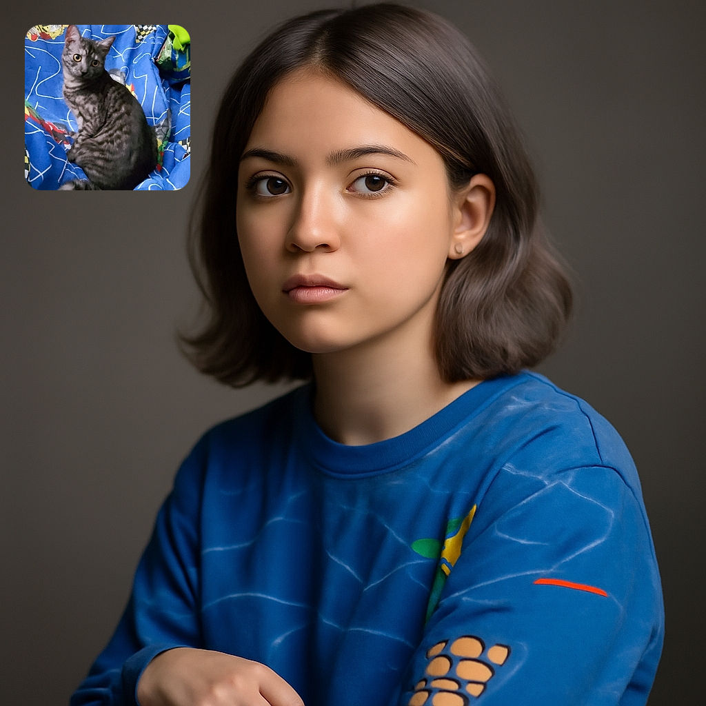 A curious gray tabby cat sits on a vibrant blue blanket adorned with colorful cartoon patterns and checkered flags, casting a sideways glance with wide, bright eyes as if caught mid-thought or plotting its next playful move.
