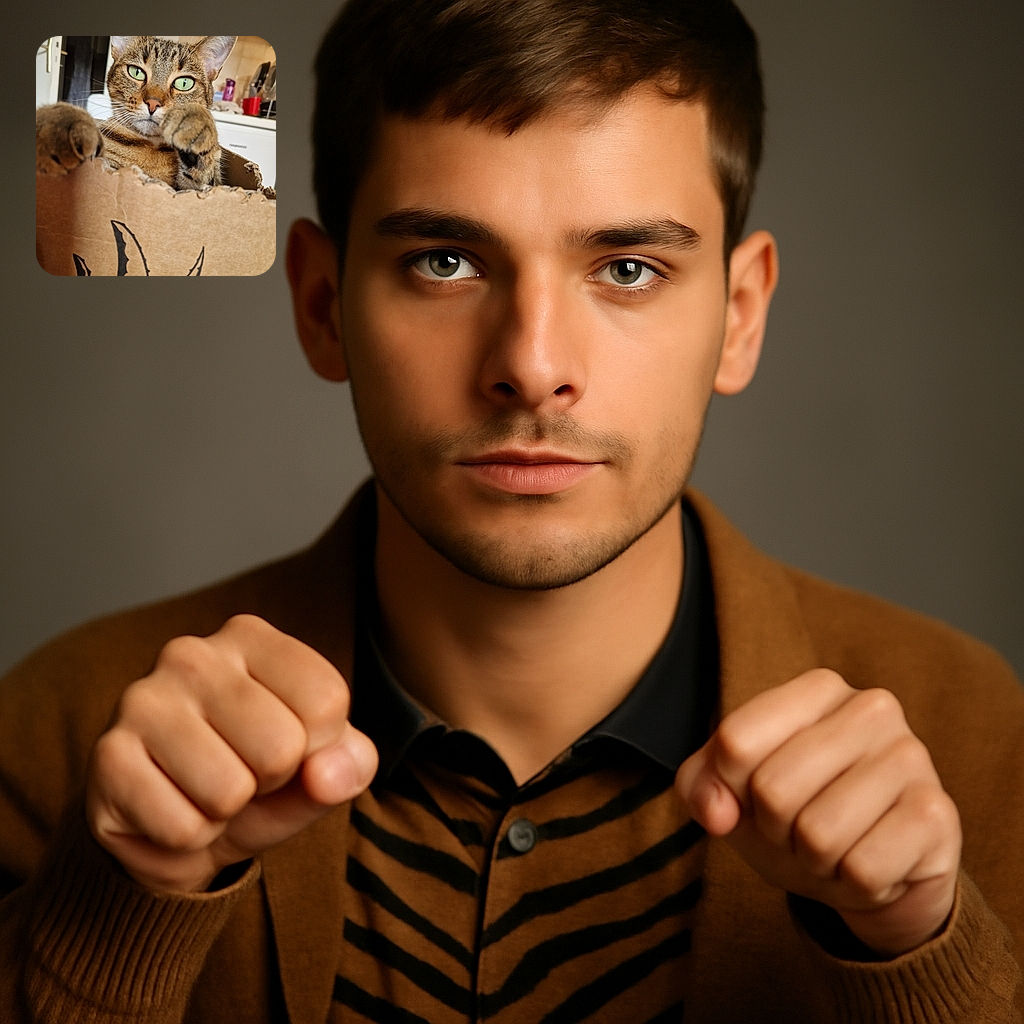 A curious tabby cat peeks out from a torn cardboard box, paws raised as if ready to pounce or wave hello. The background shows a cozy kitchen scene, slightly blurred to keep the focus on the feline's captivating green eyes and whiskered face.