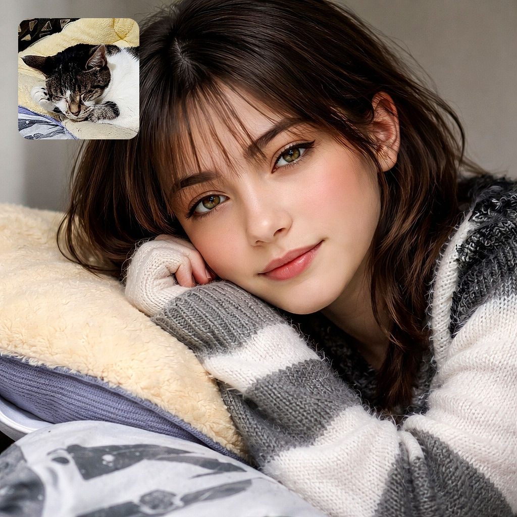 A cozy tabby cat is curled up peacefully, snoozing on a soft, fluffy blanket with one paw adorably tucked near its face, embodying pure relaxation and comfort.