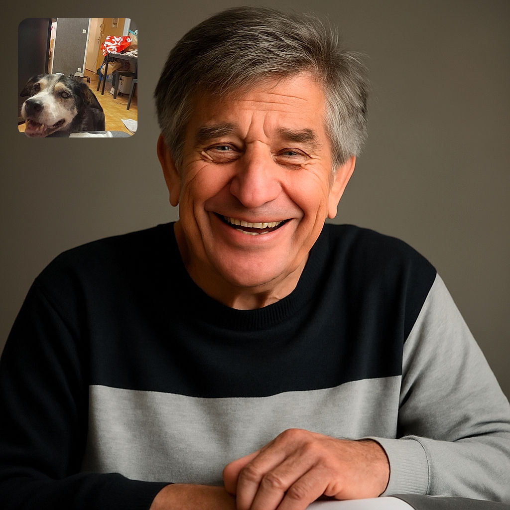 A cheerful dog peeks over a couch with a napkin on it, surrounded by a cozy, lived-in room with a table, chairs, and some clutter in the background. The dog's happy expression adds warmth to the casual indoor scene.