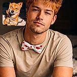 A charming Shiba Inu dog wearing a cute bow tie lounges comfortably on a textured carpet, basking in warm sunlight that highlights its fur and relaxed expression, creating a cozy and stylish portrait.