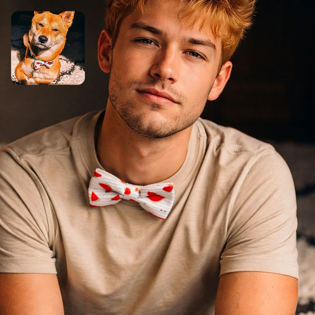 A charming Shiba Inu dog wearing a cute bow tie lounges comfortably on a textured carpet, basking in warm sunlight that highlights its fur and relaxed expression, creating a cozy and stylish portrait.