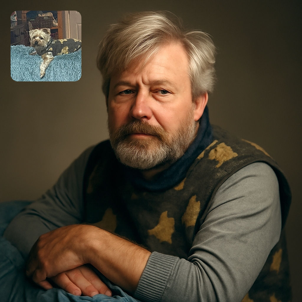 A scruffy little dog lounges comfortably on a fluffy blue blanket draped over a piece of furniture, wearing a spotted sweater, with a cozy indoor setting featuring wooden furniture and woven baskets in the background.