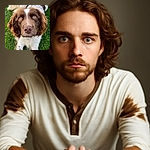 A close-up photo of a brown and white dog lying on green grass, with soulful eyes looking directly at the camera, capturing the dog's gentle and curious expression in soft natural light.