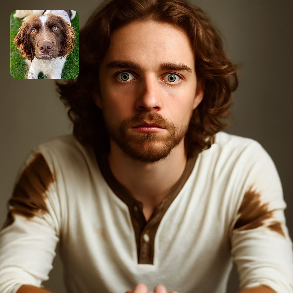 A close-up photo of a brown and white dog lying on green grass, with soulful eyes looking directly at the camera, capturing the dog's gentle and curious expression in soft natural light.