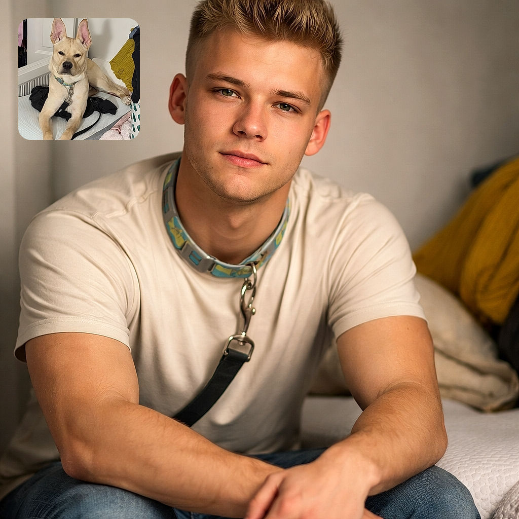 A unimpressed tan dog lounges on a bed with ears like radar dishes, giving the camera a serious 'who woke me?' stare. A collar and leash drape over its paws while blankets, laundry, and a basket create a cozy, mildly chaotic throne room.