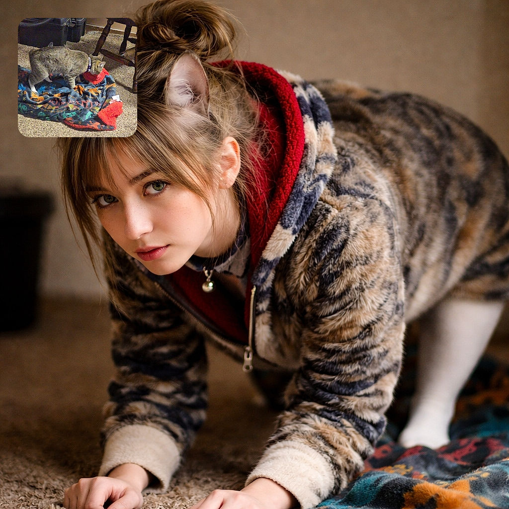 A curious tabby cat is sniffing a colorful blanket on a carpeted floor, surrounded by some household items including a wooden chair and a black toolbox. The cozy scene captures the cat's inquisitive nature as it explores its surroundings.