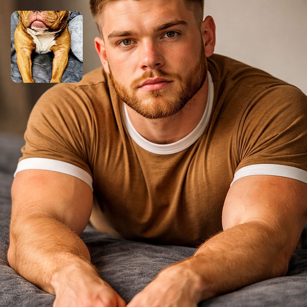 A chonky brown bulldog lounges like royalty — stern stare, wrinkled jowls, and front paws splayed forward as if announcing "this is my throne." The expression says 'I tolerate you,' while the cozy blanket background begs for a nap.