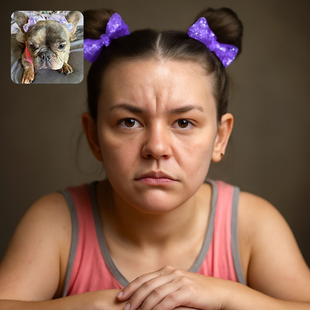 A close-up of a French Bulldog with adorable purple sequin bows on its ears, looking slightly grumpy but undeniably cute, resting on a soft gray surface with a cozy background.
