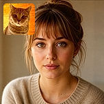 A wide-eyed tabby cat stares into the camera like a tiny orange courtroom judge, perched behind a glass surface that gives it a dramatic mirror-like reflection. The warm wooden background makes the whole scene glow like a cozy feline sauna.