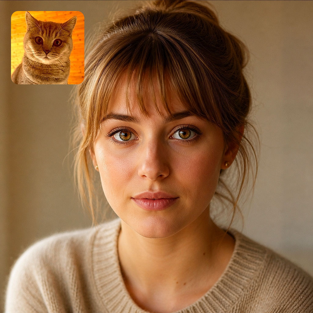 A wide-eyed tabby cat stares into the camera like a tiny orange courtroom judge, perched behind a glass surface that gives it a dramatic mirror-like reflection. The warm wooden background makes the whole scene glow like a cozy feline sauna.