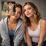 Two attentive dogs stare up with hopeful eyes, one sporting a bright blue collar. They sit on a worn kitchen floor surrounded by everyday clutter, including a spoon and a green rug, adding a cozy, lived-in vibe to the snapshot.