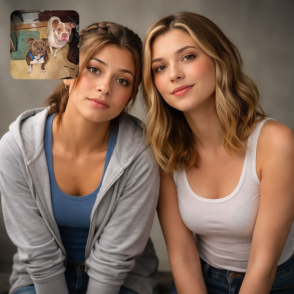 Two attentive dogs stare up with hopeful eyes, one sporting a bright blue collar. They sit on a worn kitchen floor surrounded by everyday clutter, including a spoon and a green rug, adding a cozy, lived-in vibe to the snapshot.