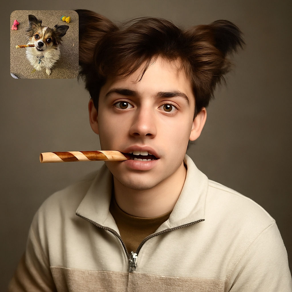 A fluffy small dog with big expressive eyes holds a chew stick in its mouth, looking up eagerly. The background shows a carpeted floor with colorful dog toys scattered around and a white sneaker partially visible in the corner.