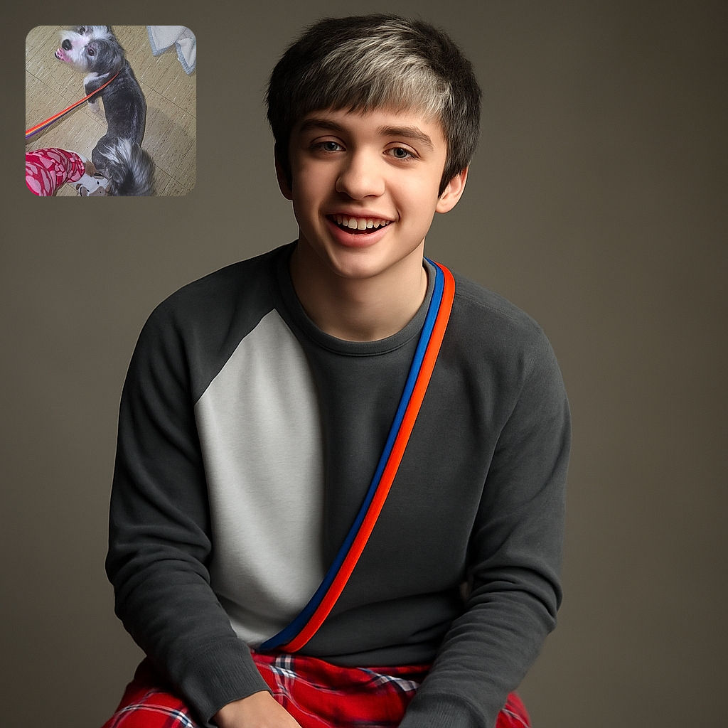 A playful dog with a fluffy tail looks up happily at the camera while on a colorful leash, standing on a tiled floor next to a cozy blanket and a person wearing bright red pajama pants and cow-themed slippers.