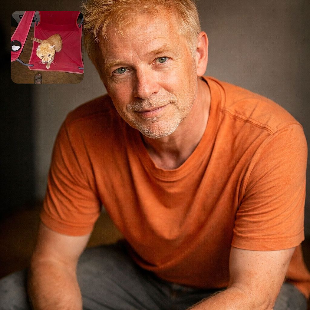 A scruffy orange cat sits regally on a red folding chair, staring up like it just noticed you owe it snacks. Flash makes its whiskers glow while a pair of worn sandals and ripped jeans peek into the frame — domestic royalty on a wooden throne with a cup holder and a tissue as court props.