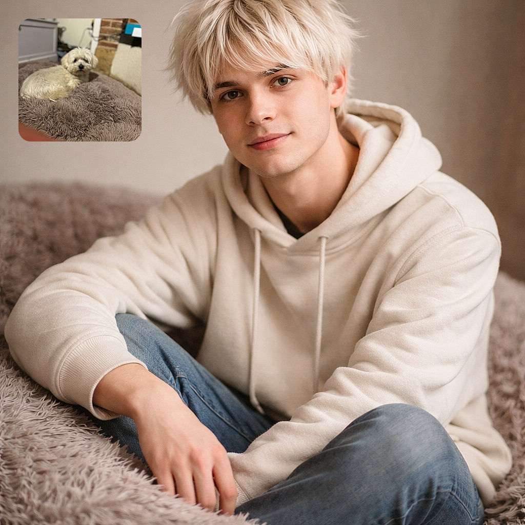 A fluffy white dog lounging on a plush, shaggy blanket in a cozy indoor setting. The photo is slightly out of focus, giving it a soft, dreamy vibe, but the dog's calm expression shines through the blur. The background shows a mix of brick and furniture, adding a homey atmosphere.