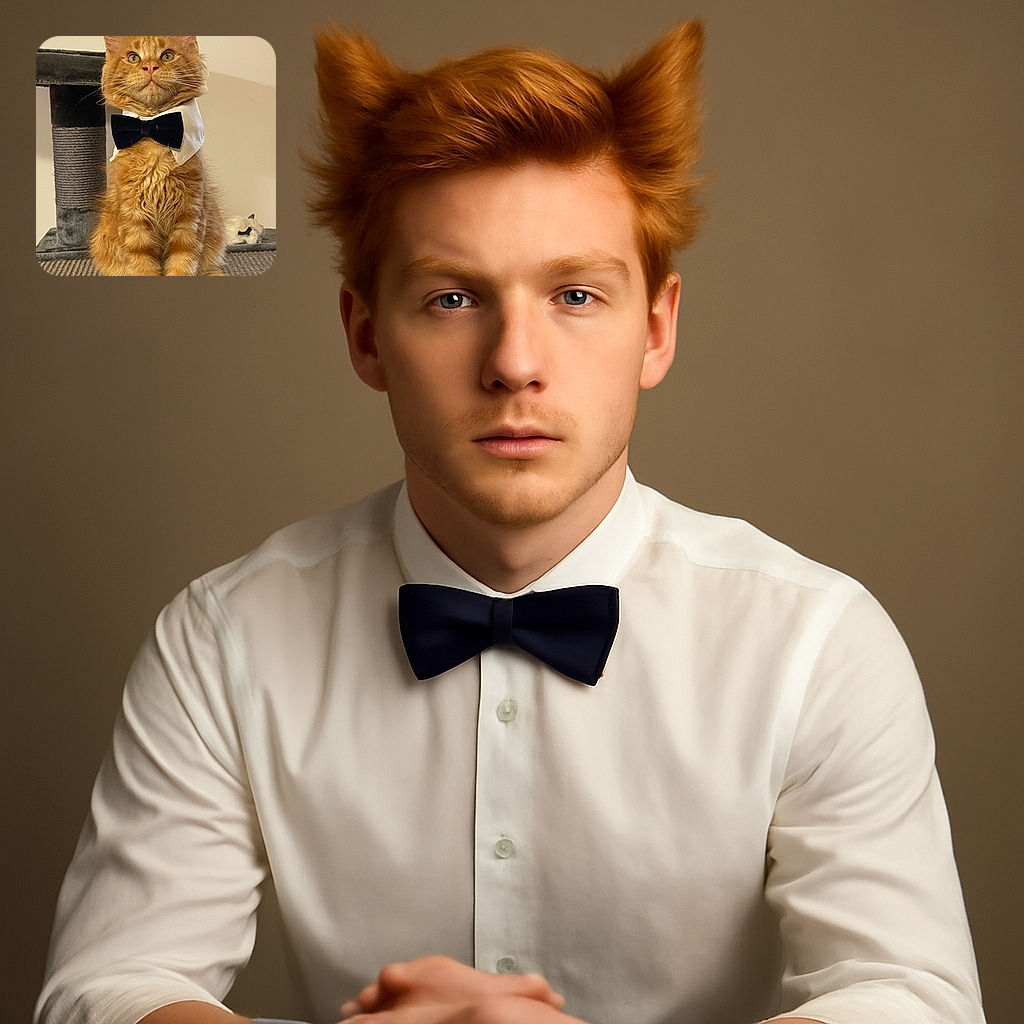 A dapper orange tabby cat sits proudly on a cat tree, sporting a classy black bow tie collar, looking like it's ready for a fancy event or a feline gala.