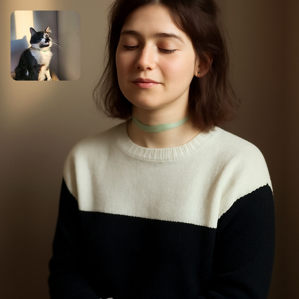A serene black and white cat basks in warm sunlight, eyes closed in bliss, casting a soft shadow on the wall behind. The cozy beige cat bed adds to the peaceful vibe of this perfectly captured moment of feline contentment.