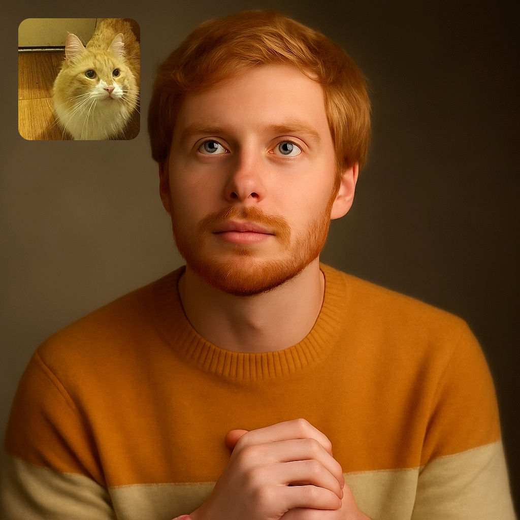 A fluffy orange and white cat with big curious eyes looks up adorably from a wooden floor, its whiskers twitching as if plotting some mischief.