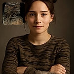 A close-up of a tabby cat sitting upright with its paws tucked in, against a black background, looking straight at the camera with a calm and curious expression.
