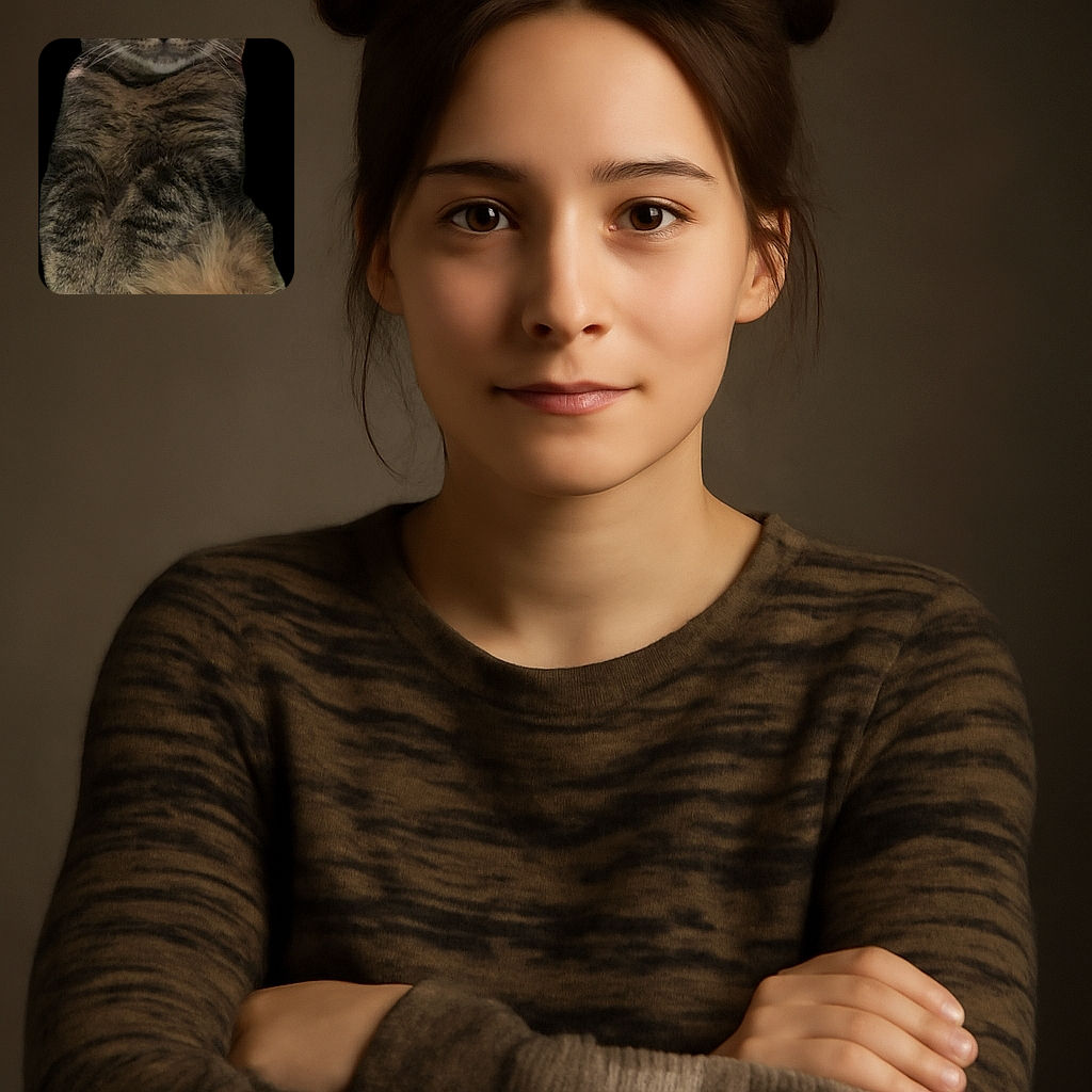 A close-up of a tabby cat sitting upright with its paws tucked in, against a black background, looking straight at the camera with a calm and curious expression.