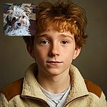 A close-up of a fluffy, slightly tousled dog with soulful eyes and a curious expression, sitting against a colorful checkered background that adds a cozy vibe.