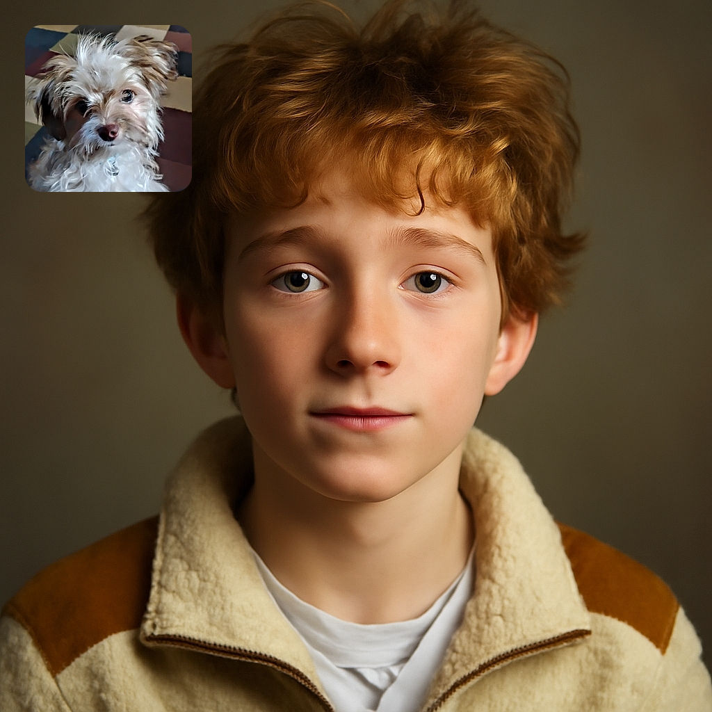 A close-up of a fluffy, slightly tousled dog with soulful eyes and a curious expression, sitting against a colorful checkered background that adds a cozy vibe.