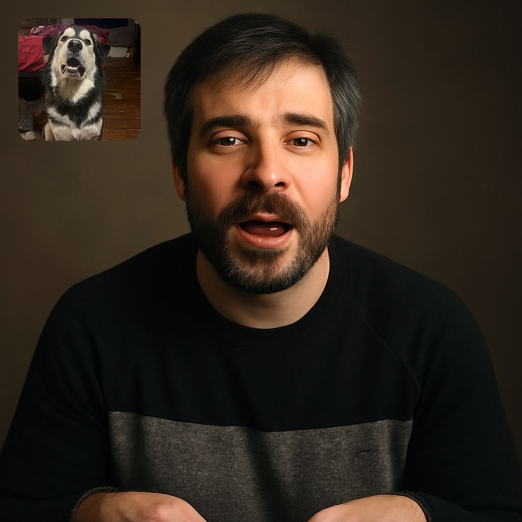A fluffy dog with a black and white coat sits attentively on a wooden floor, mouth slightly open as if mid-bark or mid-pant, with a cozy indoor background featuring a bed with red covers and a dark cloth hanging on the wall.
