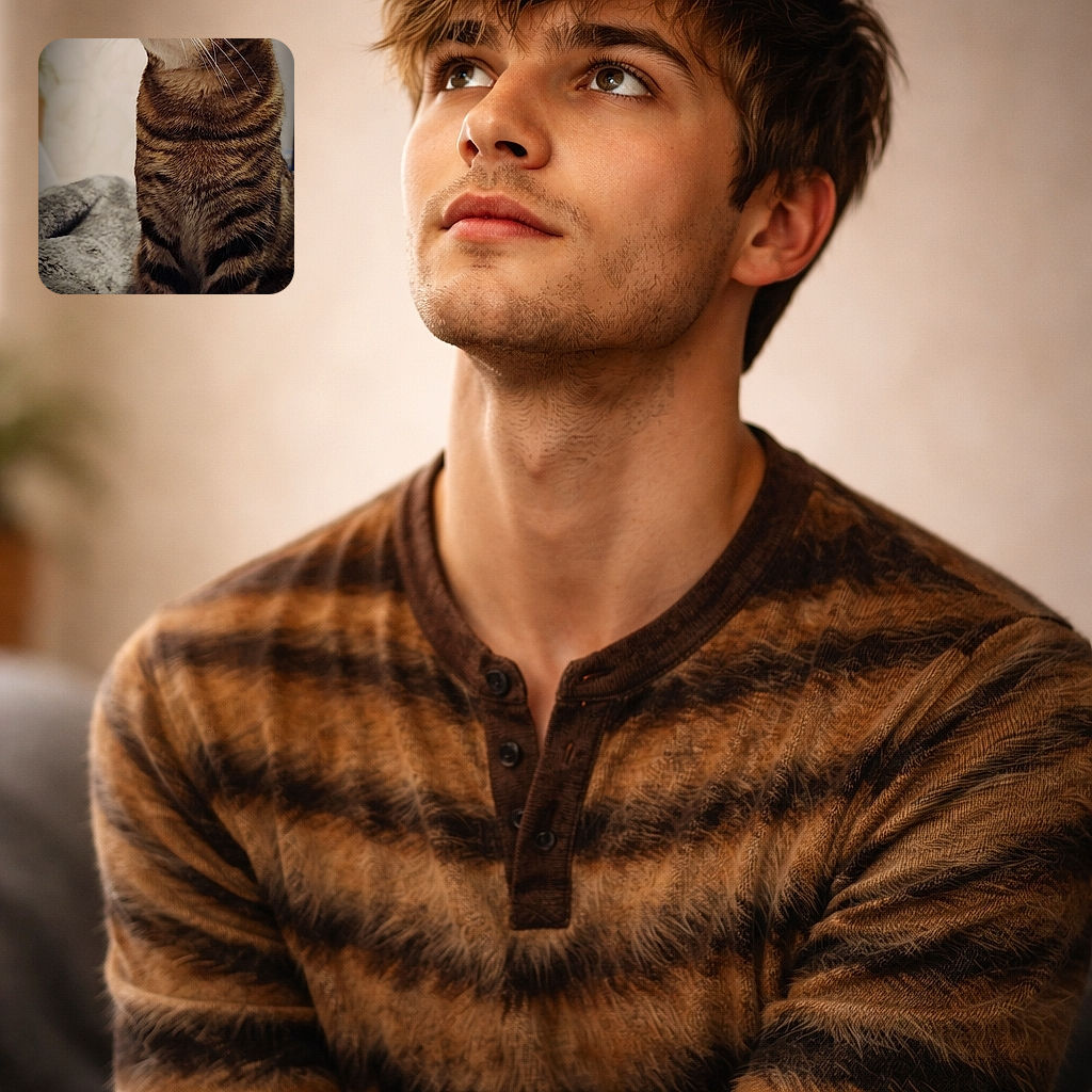 A regal tabby caught mid-pose, chin up and whiskers on full parade — looks like it's auditioning for 'Best Dramatic Stare' while perched on a cozy blanket.