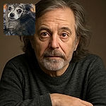 A charming close-up of a fluffy, wide-eyed dog lounging on a cozy gray blanket, with a wooden door and a decorated Christmas tree softly blurred in the background. The dog's speckled fur and alert ears make it look like a tiny, furry guardian of holiday cheer.