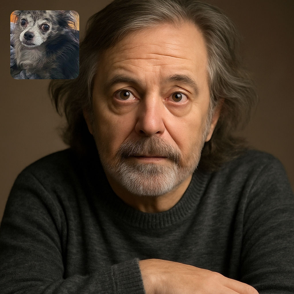 A charming close-up of a fluffy, wide-eyed dog lounging on a cozy gray blanket, with a wooden door and a decorated Christmas tree softly blurred in the background. The dog's speckled fur and alert ears make it look like a tiny, furry guardian of holiday cheer.