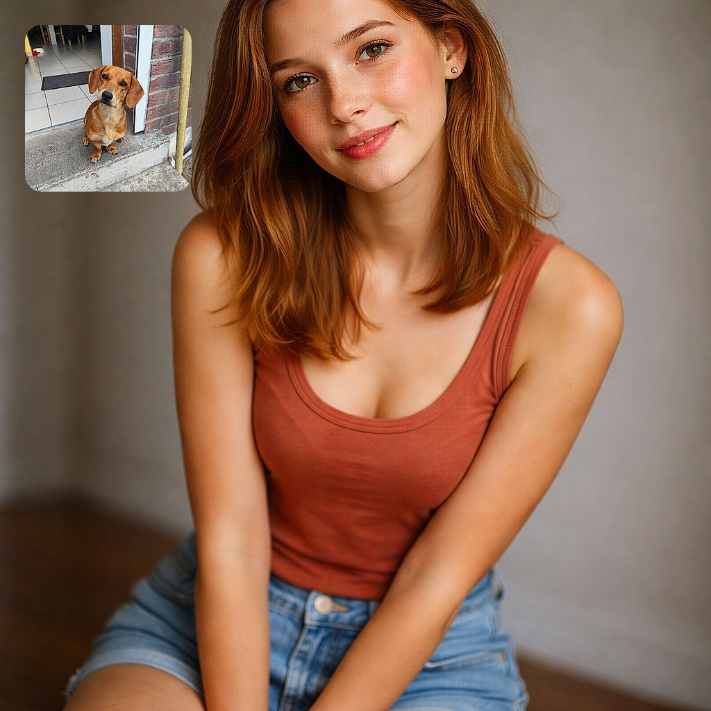 A curious small brown dog with floppy ears sits on a concrete doorstep, tilting its head in an adorable questioning pose. Behind it, an indoor scene with tiled floor, a black mat, wooden chairs, and a pink jacket hanging on a chair creates a cozy home atmosphere.