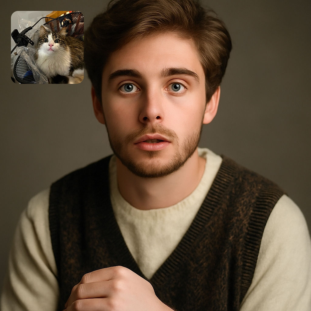 A fluffy cat with wide, curious eyes and a slightly open mouth sits snugly in a black mesh basket, surrounded by some plastic wrapping and a wooden chair in the background, looking like it just discovered a secret.