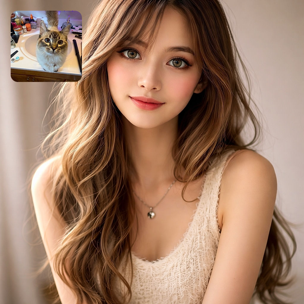 A fluffy, wide-eyed cat has claimed the bathroom sink as its throne — bell on its collar jangling, purple fairy lights twinkling above and an army of toiletries and a hair straightener flanking the bowl. It stares up with the intensity of a tiny furry supervisor judging your morning routine.