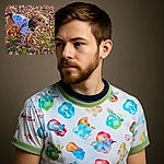 A small dog wearing a colorful holiday-themed sweater stands alert among fallen autumn leaves on a sunny day, leash attached, ready for an adventure or perhaps just a leaf inspection.