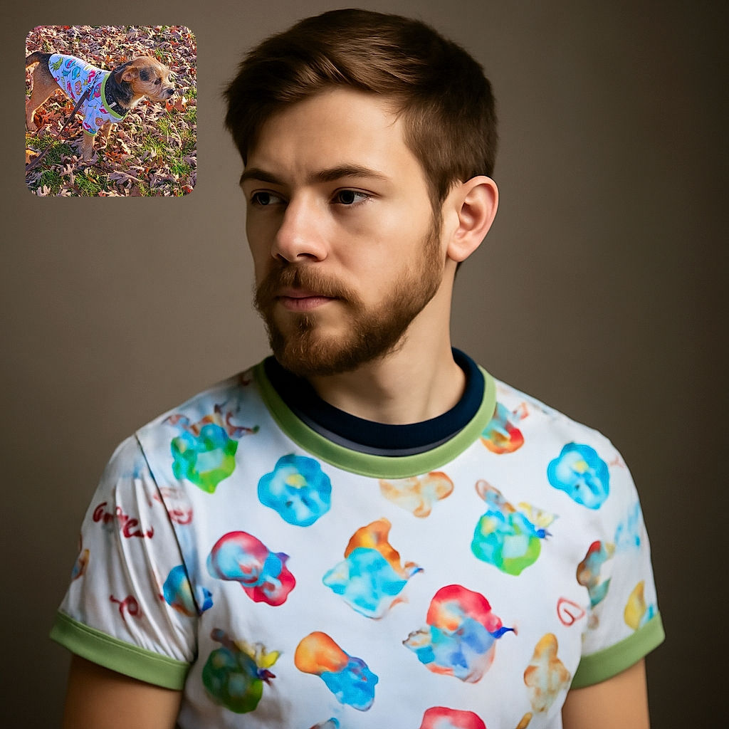 A small dog wearing a colorful holiday-themed sweater stands alert among fallen autumn leaves on a sunny day, leash attached, ready for an adventure or perhaps just a leaf inspection.