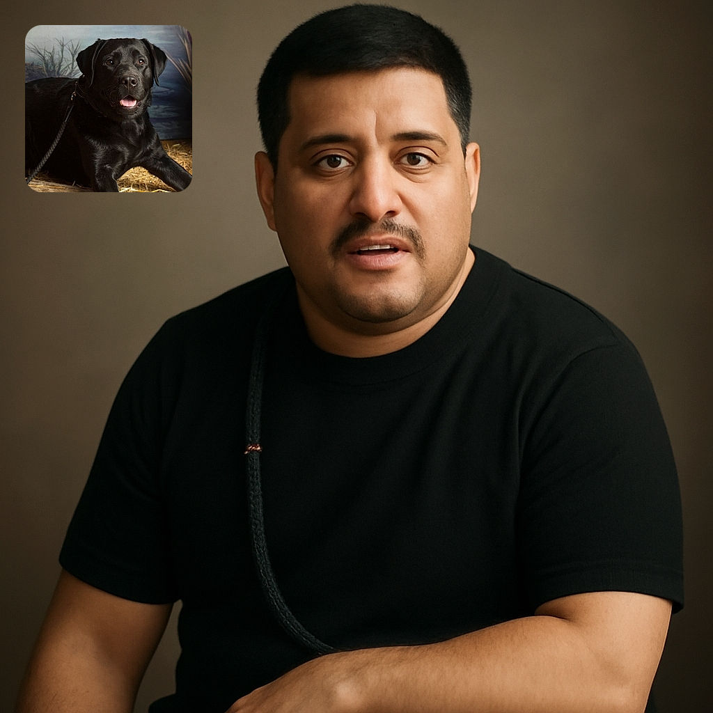A shiny black Labrador retriever lies comfortably on a rustic floor with straw, looking happily at the camera with its mouth slightly open, as if ready for a treat or a belly rub. The background has a soft, painterly effect with plants, adding a cozy, natural vibe to the portrait.