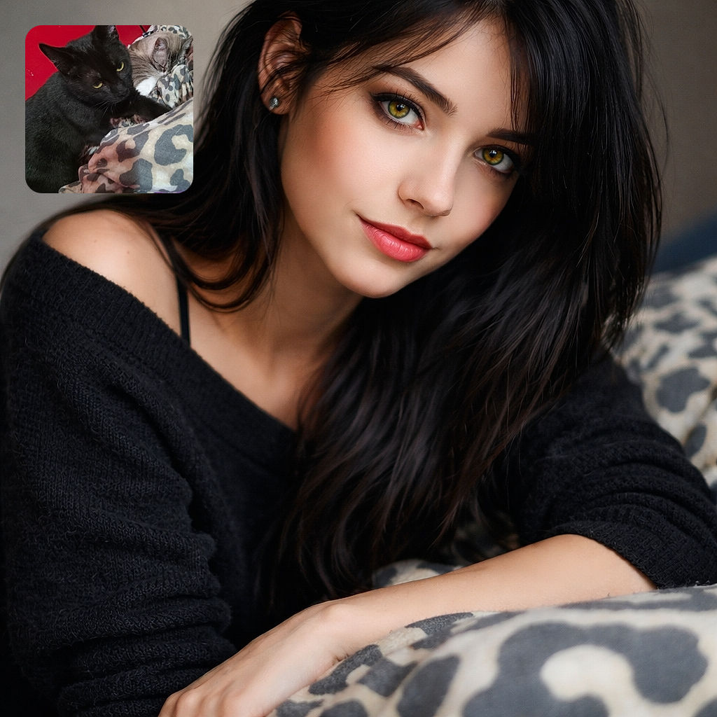 A dignified black cat stares like the apartment manager while a sleepy tabby curls up beside it on a leopard-print blanket — two feline roommates claiming the comfiest spot in the house.