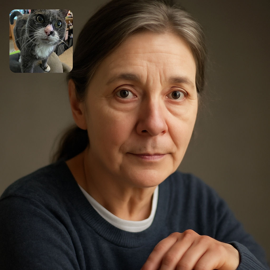 A curious gray and white cat with large green eyes and a pink nose is leaning in close to the camera, whiskers prominently displayed, with a cozy indoor background slightly out of focus.