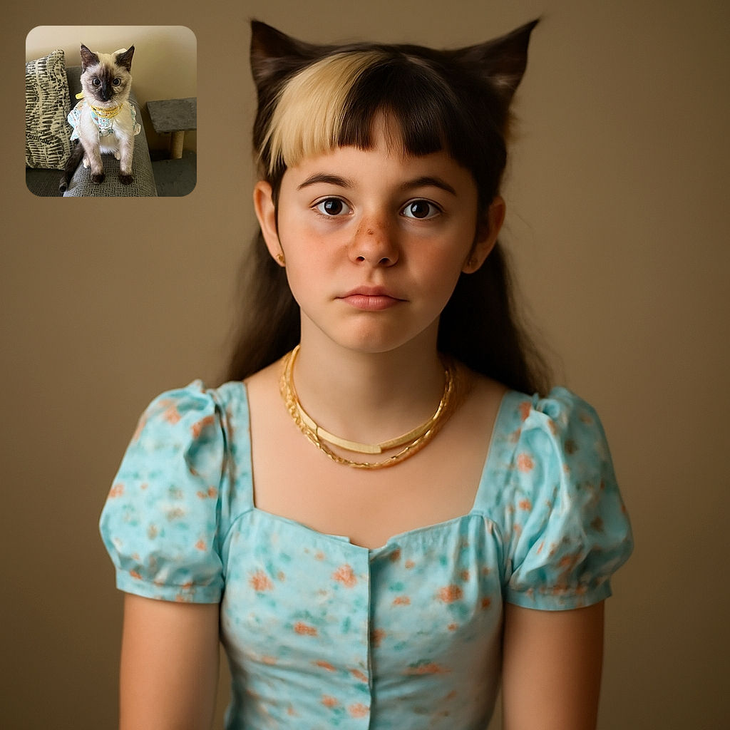 A charming Siamese kitten dressed in a cute floral outfit with yellow beaded necklaces, sitting adorably on the armrest of a gray couch with a patterned pillow and a cat tree in the background.