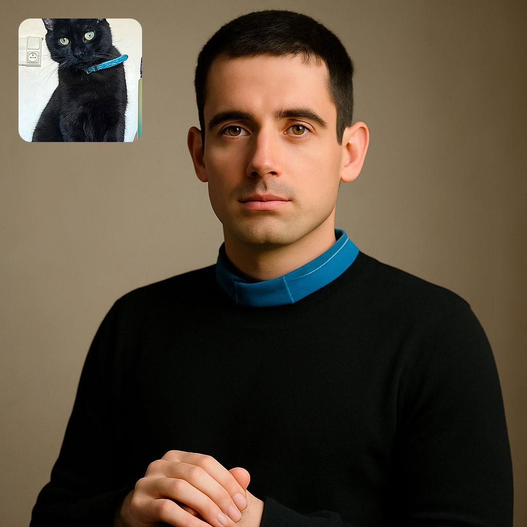 A sleek black cat with striking green eyes and a blue collar sits regally on a wooden surface, staring curiously at the camera with a plain wall and a power outlet in the background.