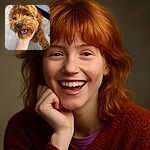 A fluffy, curly-haired dog with a reddish-brown coat is being affectionately held under the chin by a person. The dog looks happy with its tongue out and eyes bright, while the background shows a concrete floor and a piece of outdoor furniture.