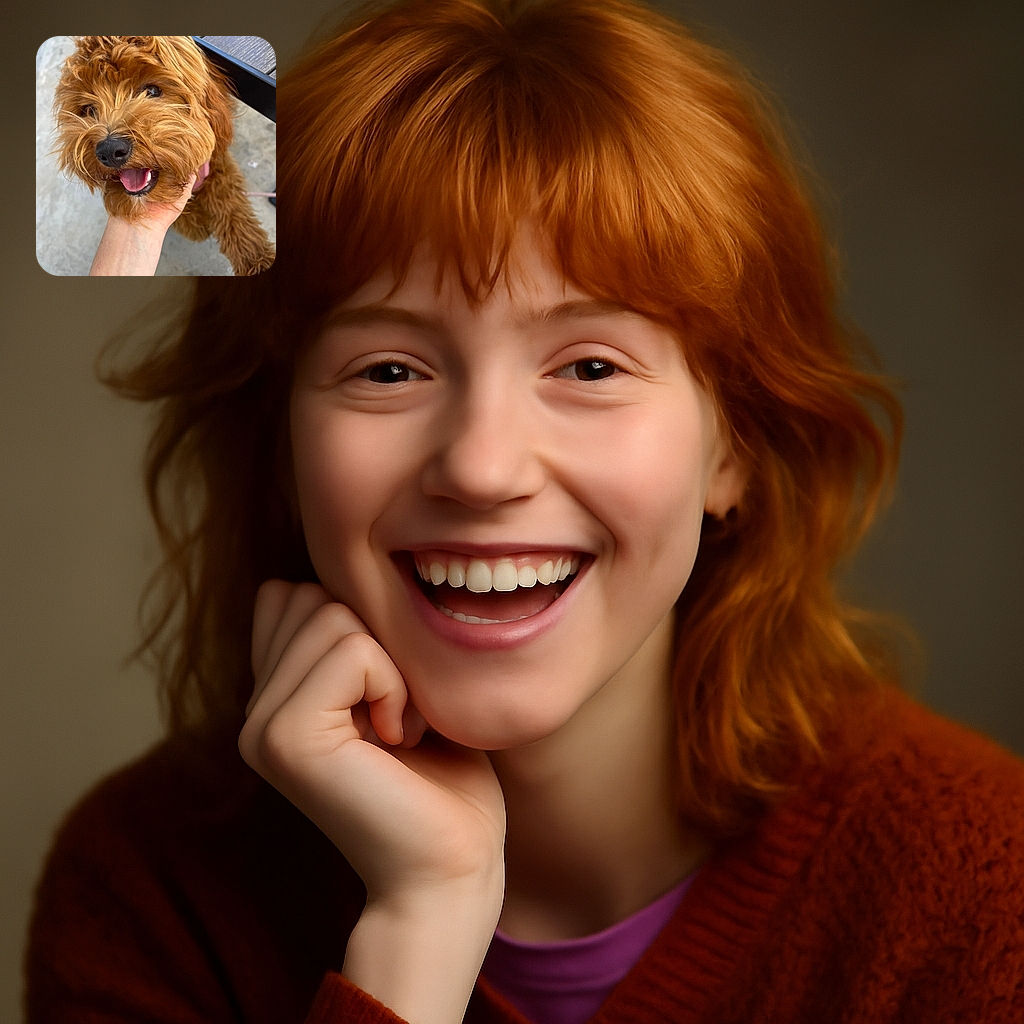 A fluffy, curly-haired dog with a reddish-brown coat is being affectionately held under the chin by a person. The dog looks happy with its tongue out and eyes bright, while the background shows a concrete floor and a piece of outdoor furniture.