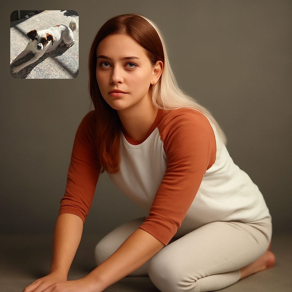 A charming white and brown dog stretches out comfortably on a patterned rug, basking in warm sunlight streaming through a nearby window. The shadows cast by the window frame add a cozy atmosphere to the scene, while scattered objects in the background hint at a lived-in home.