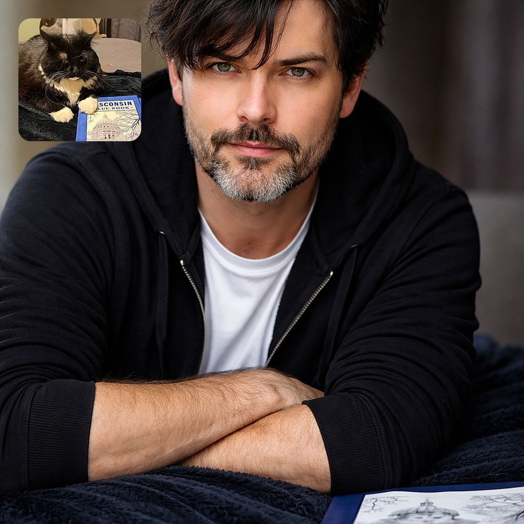 A dignified tuxedo cat lounges on a plush dark blanket, one white-pawed hand resting possessively on a blue book titled 'Wisconsin Blue Book 2025-2026' — clearly supervising important state business and judging your life choices with majestic whiskers.