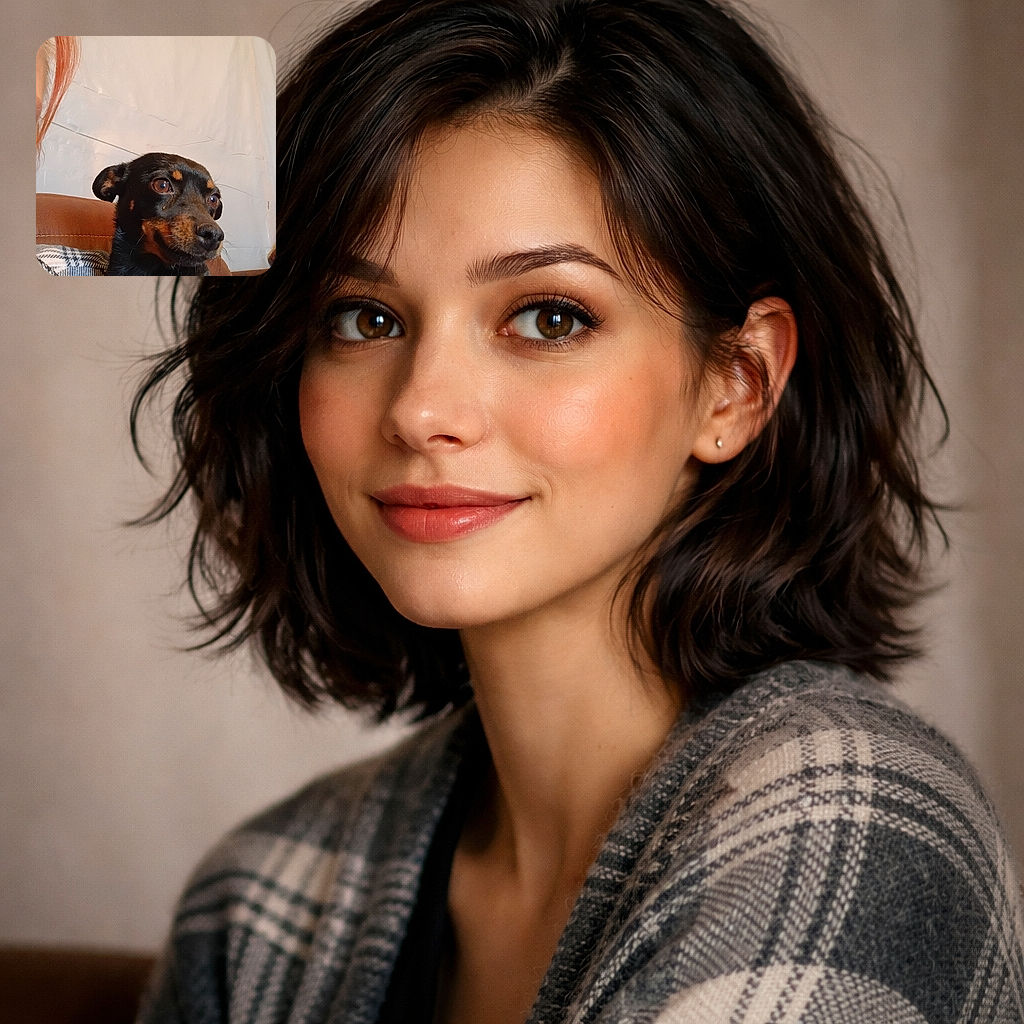 A smug black-and-tan little dog lounges on a brown couch giving the camera a knowing side-eye while a sliver of red hair and part of a human face peek in from the left; the wrinkled backdrop and cozy blanket make it look like the pup staged a very casual photoshoot.