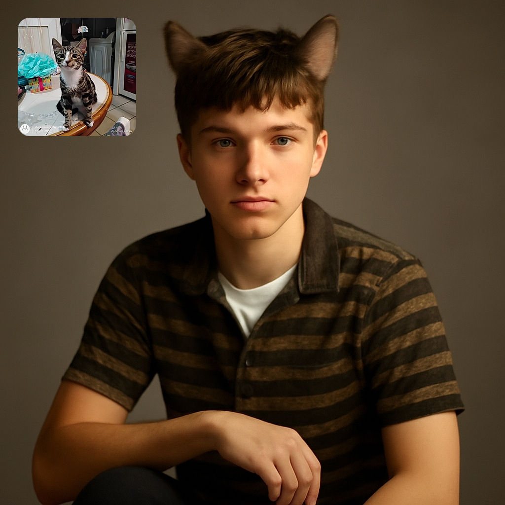 A curious tabby cat with white paws and chest sits attentively on a round table, surrounded by birthday decorations including a colorful gift box and a large blue tissue paper flower. The background shows a kitchen setting with a refrigerator and washing machine, and a cozy, lived-in vibe.