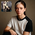 A curious black and white cat sits upright on a cozy bed with rumpled blue and beige sheets, its bright yellow eyes staring intently as if plotting its next playful adventure.