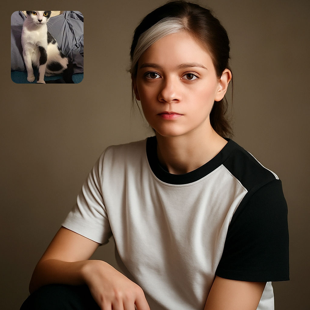 A curious black and white cat sits upright on a cozy bed with rumpled blue and beige sheets, its bright yellow eyes staring intently as if plotting its next playful adventure.